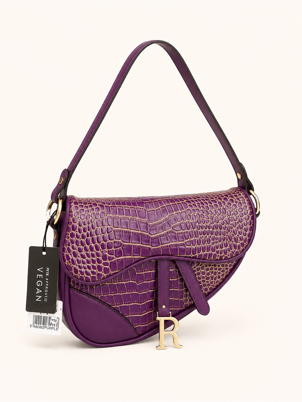 Vegan Purple Saddle Bag with Gold R Charm